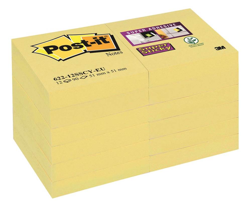 Bloczek samoprzylepny POST-IT® Super Sticky (622-12SSCY-EU), 47,6x47,6 mm, 12x90 kart., żółty