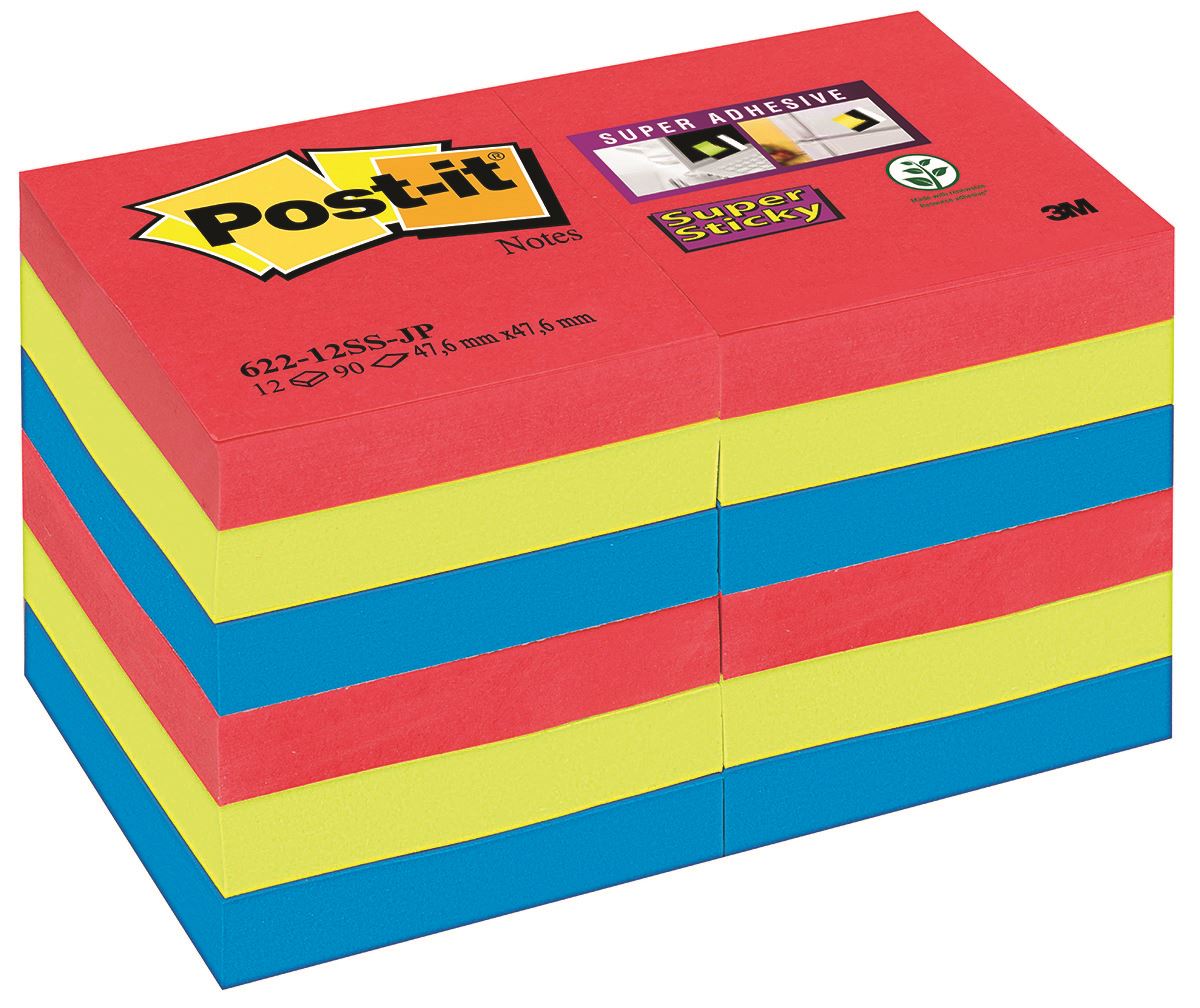 Karteczki samoprzylepne POST-IT® Super Sticky (622-12SS-JP), 47,6x47,6mm, 12x90 kart., paleta Bora Bora