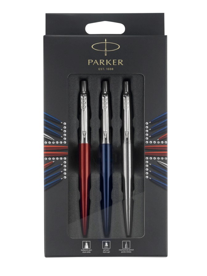 Parker Jotter London Trio Discovery Pack: długopis, niebieski tusz, końcówka medium (niebieski Royal Blue), długopis żelowy, czarny tusz, końcówka medium (czerwony Red Kensington) oraz ołówek automatyczny (Stainless Steel)