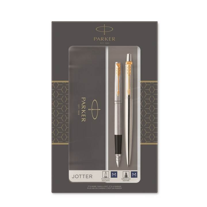 Parker Jotter Duo, zestaw prezentowy długopis i pióro wieczne Stainless Steel GT, stal szlachetna ze złotymi wykończeniami, niebieski wkład i naboje, opakowanie prezentowe