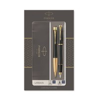 Parker Urban Duo, zestaw prezentowy długopis i pióro wieczne, Matte Black GT, matowo czarny ze złotymi wykończeniami, niebieski wkład i nabój, zestaw podwójny