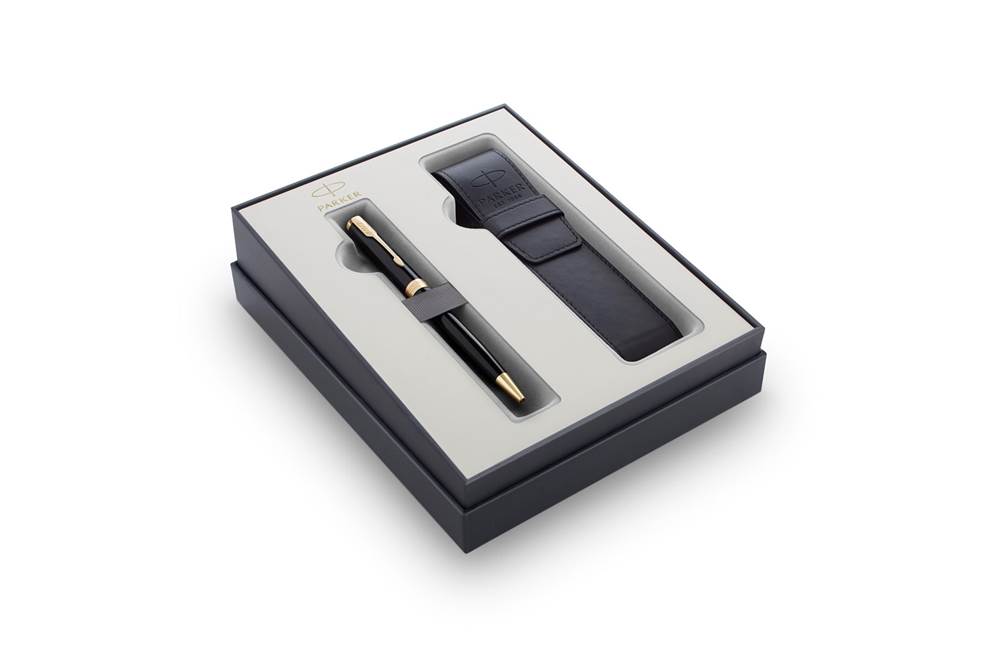 Parker Sonnet Black GT, zestaw prezentowy długopis głęboki czarny lakier ze złotymi wykończeniami i czarne etui