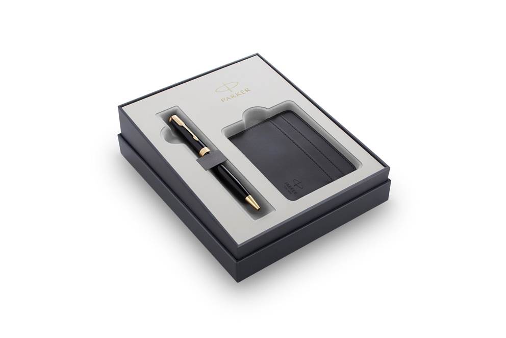 Parker Sonnet Black GT, zestaw prezentowy długopis głęboki czarny lakier ze złotymi wykończeniami i czarne etui na karty płatnicze
