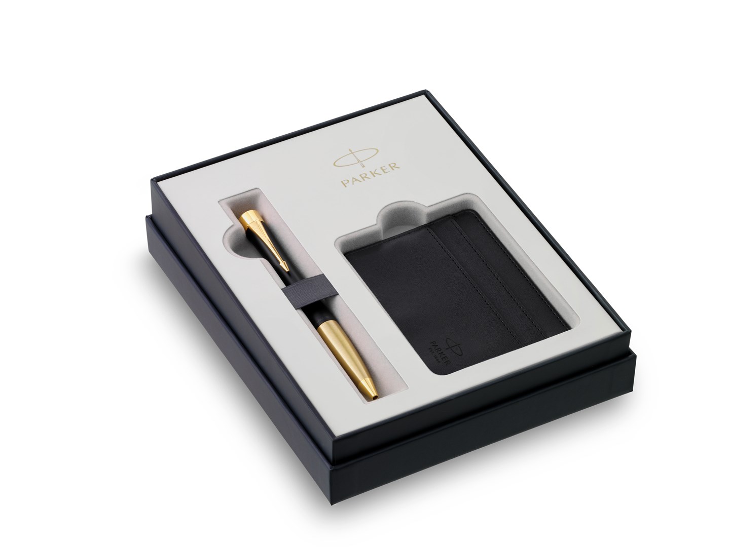 Parker Urban Muted Black GT, zestaw prezentowy długopis głęboki czarny lakier ze złotymi wykończeniami i czarne etui na karty płatnicze