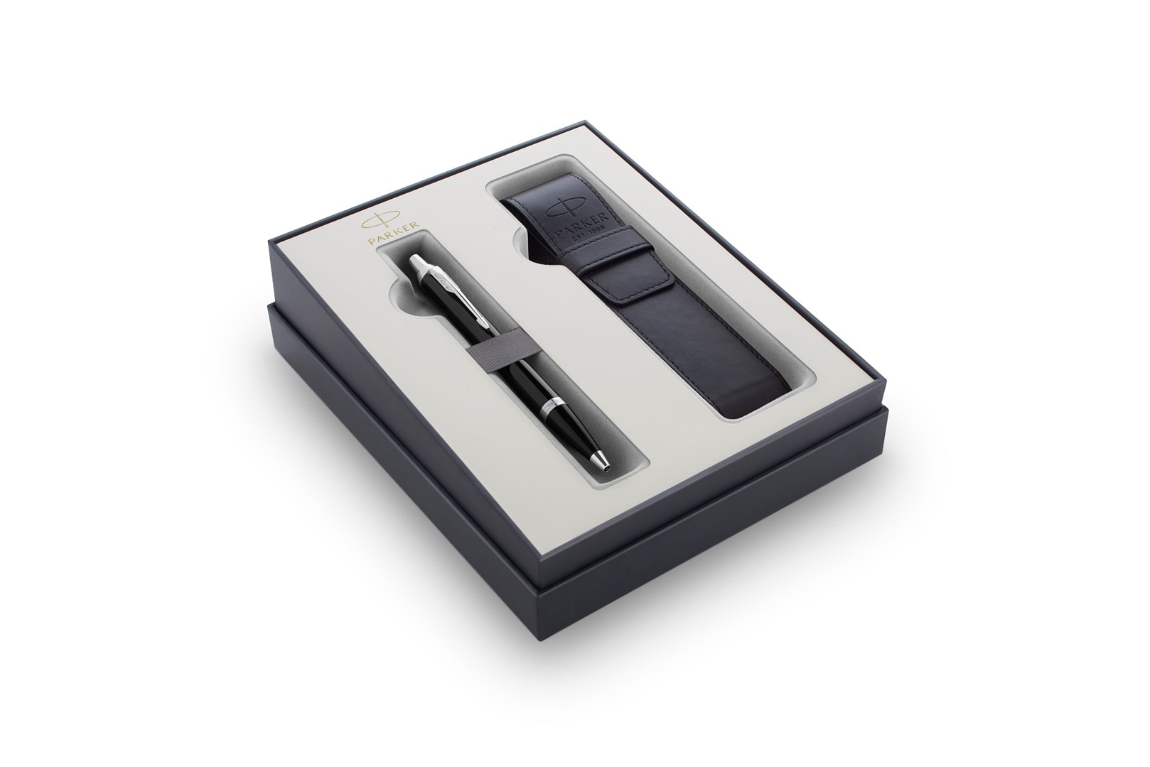 Parker IM Black Lacquer GT, zestaw prezentowy długopis głęboki czarny lakier ze złotymi wykończeniami i czarne etui