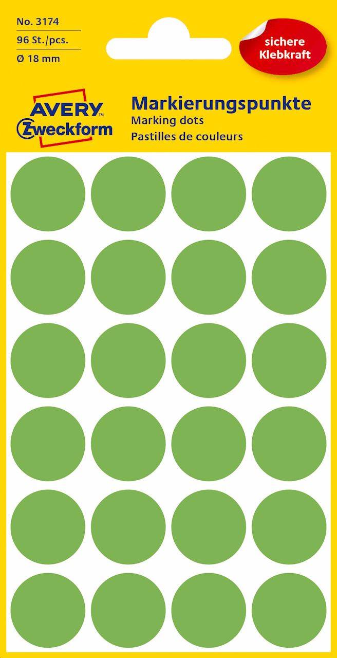Kółka do zaznaczania kolorowe; 96 etyk./op., O18 mm, zielone odblaskowe