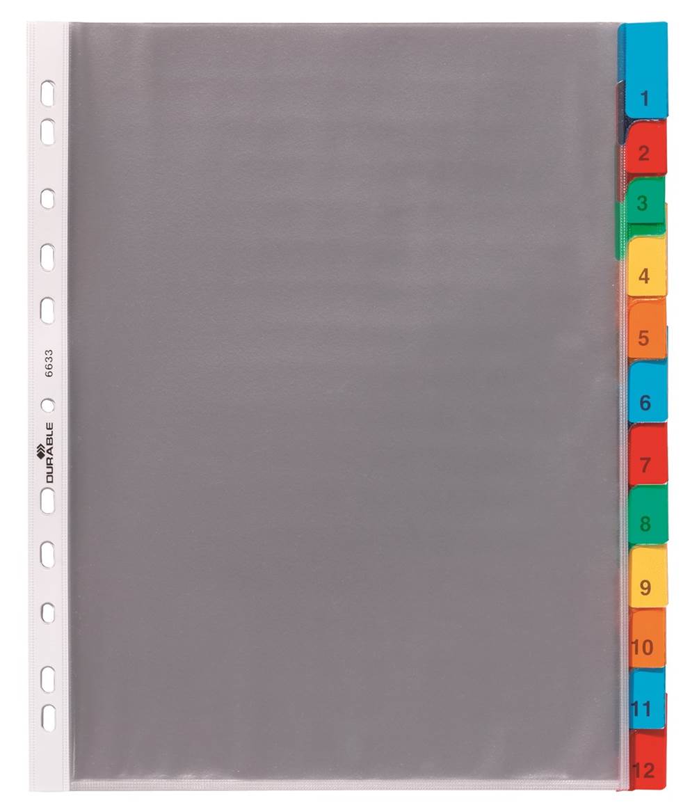 Przekładki A4, kolorowe zgrzane indeksy, 12 części przezroczysty