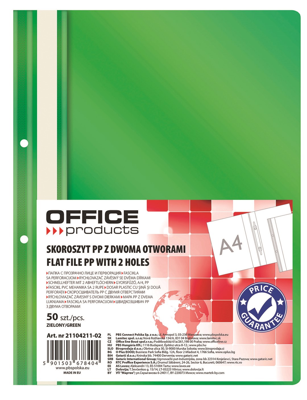 Skoroszyt OFFICE PRODUCTS, PP, A4, 2 otwory, 100/170mikr., wpinany, zielony