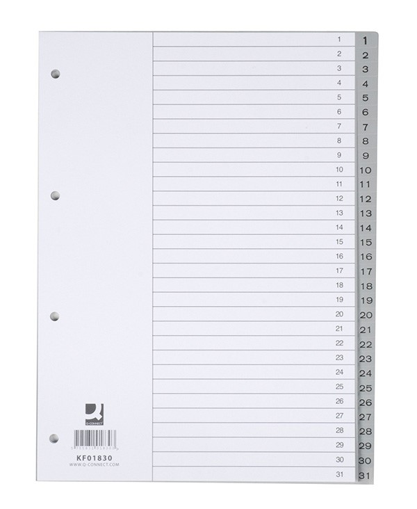 Przekładki Q-CONNECT, PP, A4, 230x297mm, 1-31, 31 kart, szare